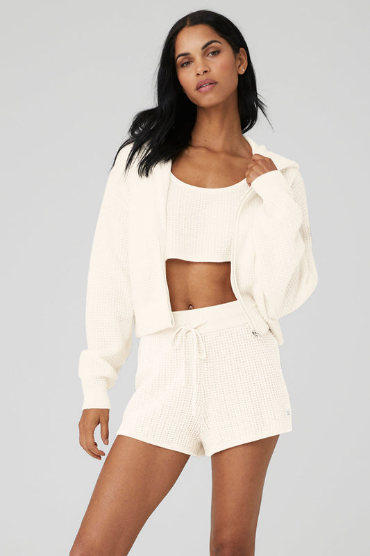 Cashmere Plush Waffle Full Zip Hooded Sweatshirt — Ivory