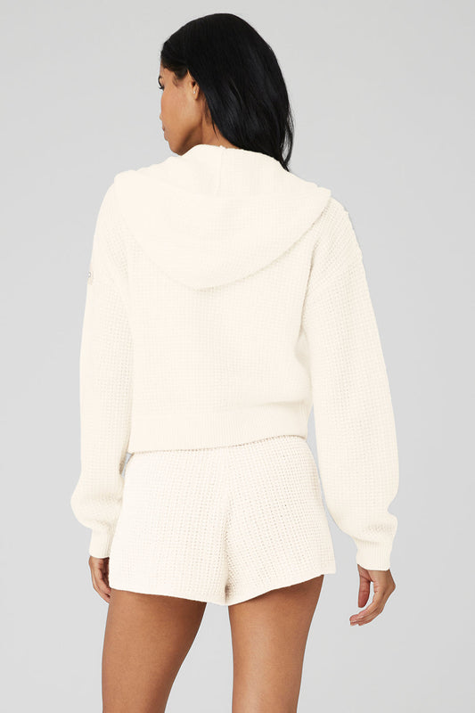 Cashmere Plush Waffle Full Zip Hooded Sweatshirt — Ivory