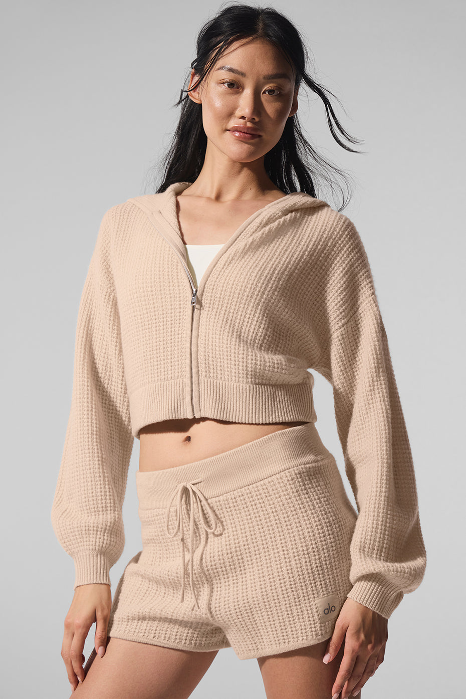 Cashmere Plush Waffle Full Zip Hooded Sweatshirt — Macadamia Blush