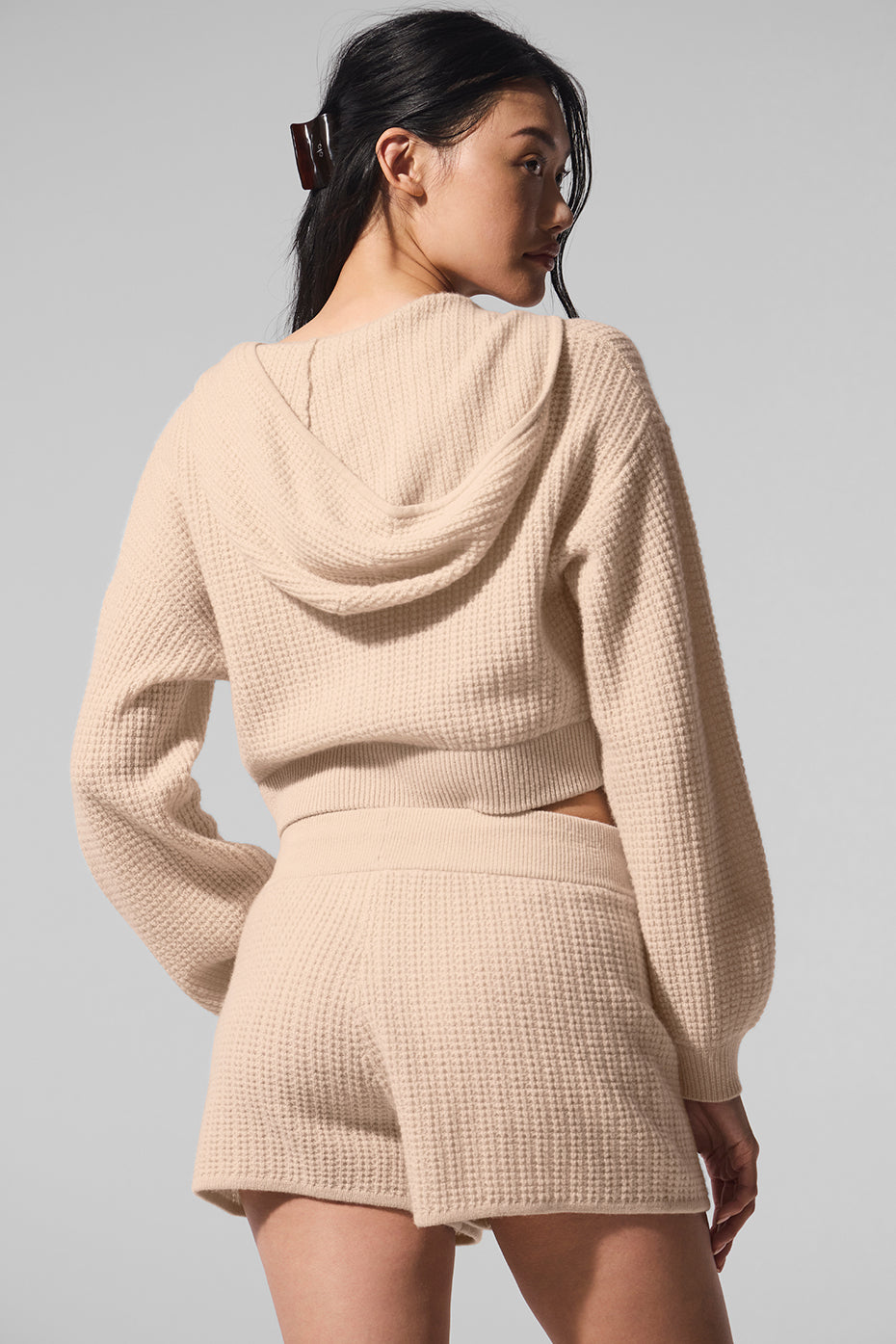 Cashmere Plush Waffle Full Zip Hooded Sweatshirt — Macadamia Blush