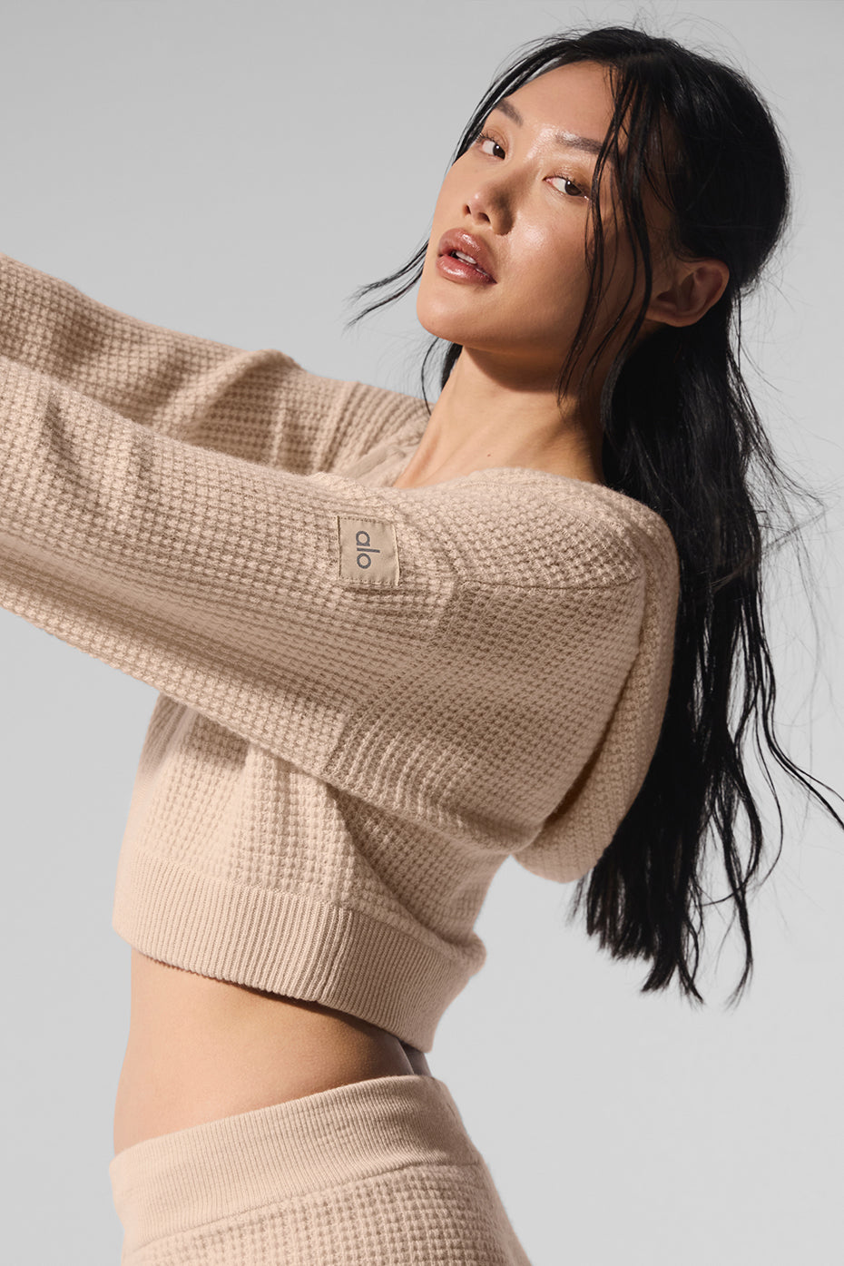 Cashmere Plush Waffle Full Zip Hooded Sweatshirt — Macadamia Blush