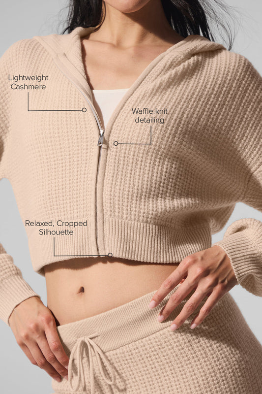 Cashmere Plush Waffle Full Zip Hooded Sweatshirt — Macadamia Blush