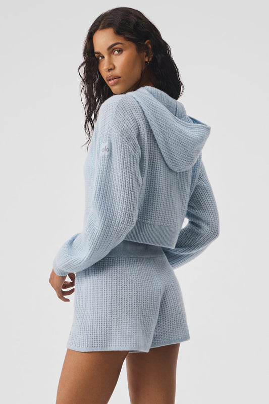 Cashmere Plush Waffle Full Zip Hooded Sweatshirt — Crystal Blue