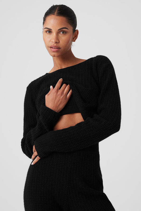 Cashmere Plush Waffle Cropped Long‑Sleeve — Black