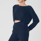 Cashmere Plush Waffle Cropped Long‑Sleeve — Navy