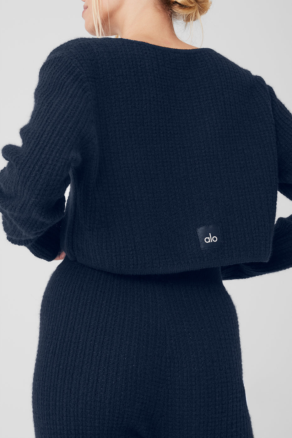 Cashmere Plush Waffle Cropped Long‑Sleeve — Navy