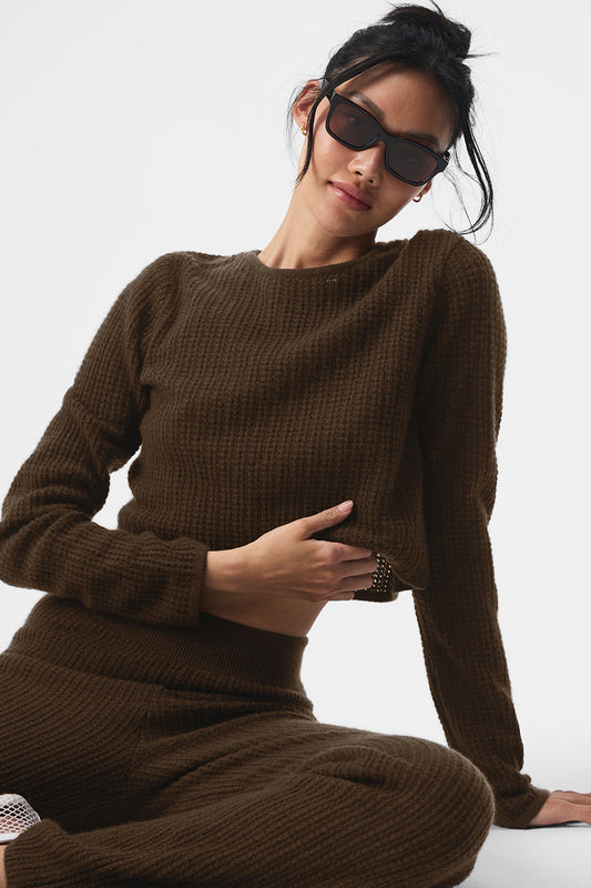 Cashmere Plush Waffle Cropped Long‑Sleeve — Espresso