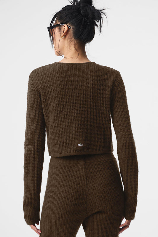 Cashmere Plush Waffle Cropped Long‑Sleeve — Espresso