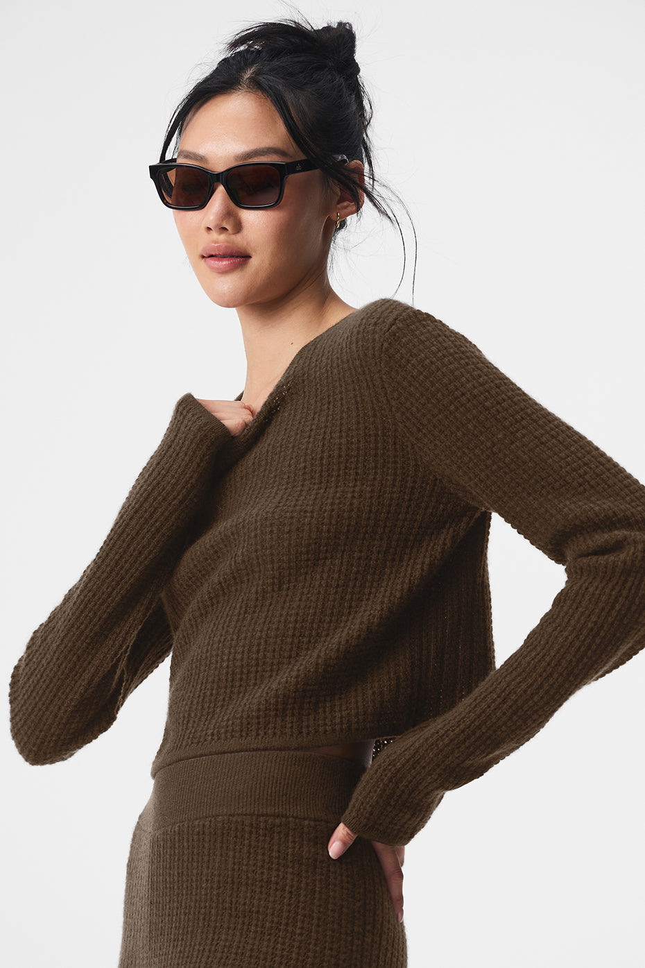 Cashmere Plush Waffle Cropped Long‑Sleeve — Espresso