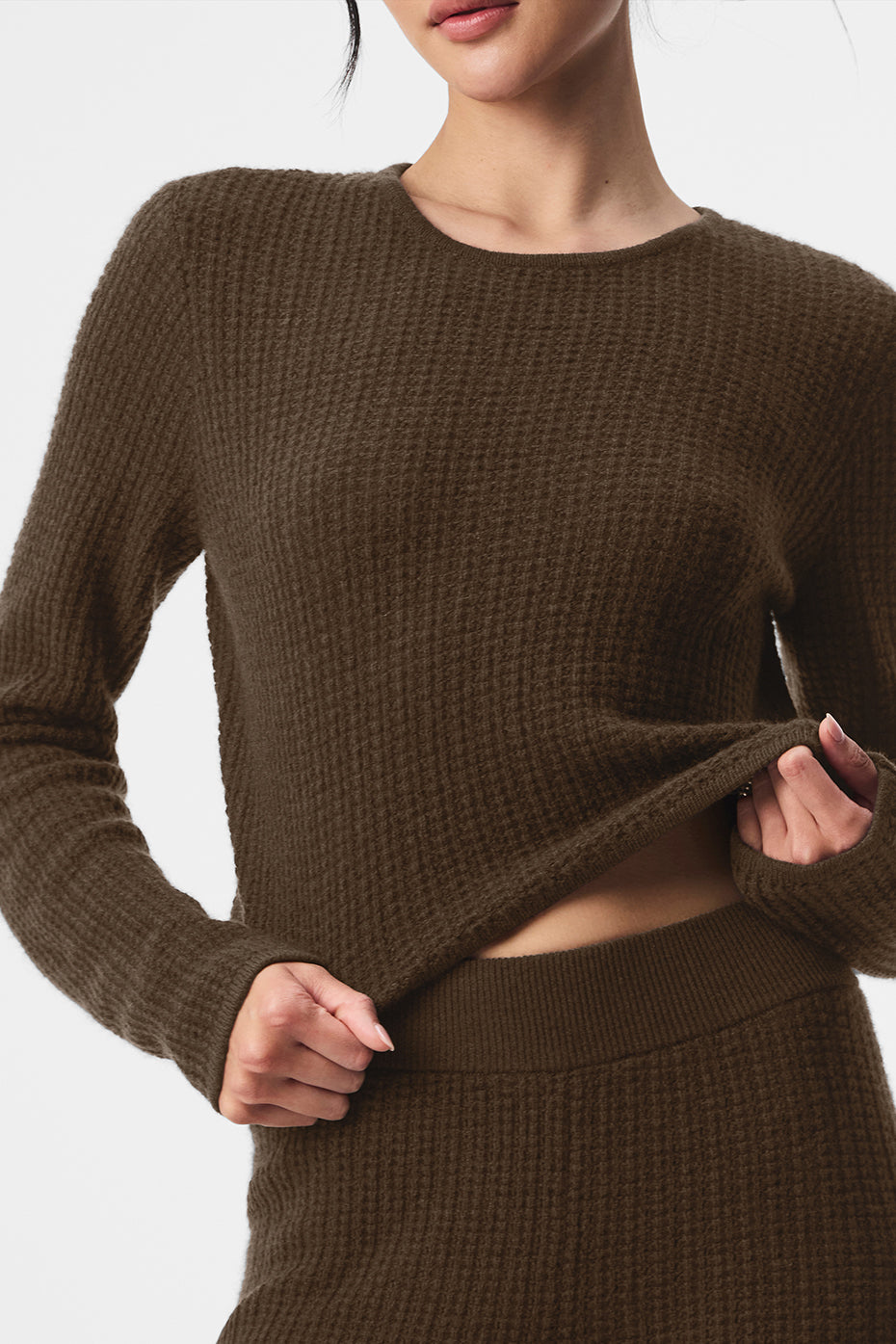 Cashmere Plush Waffle Cropped Long‑Sleeve — Espresso