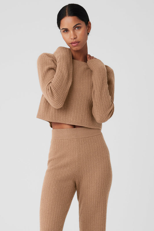 Cashmere Plush Waffle Cropped Long‑Sleeve — Toasted Almond