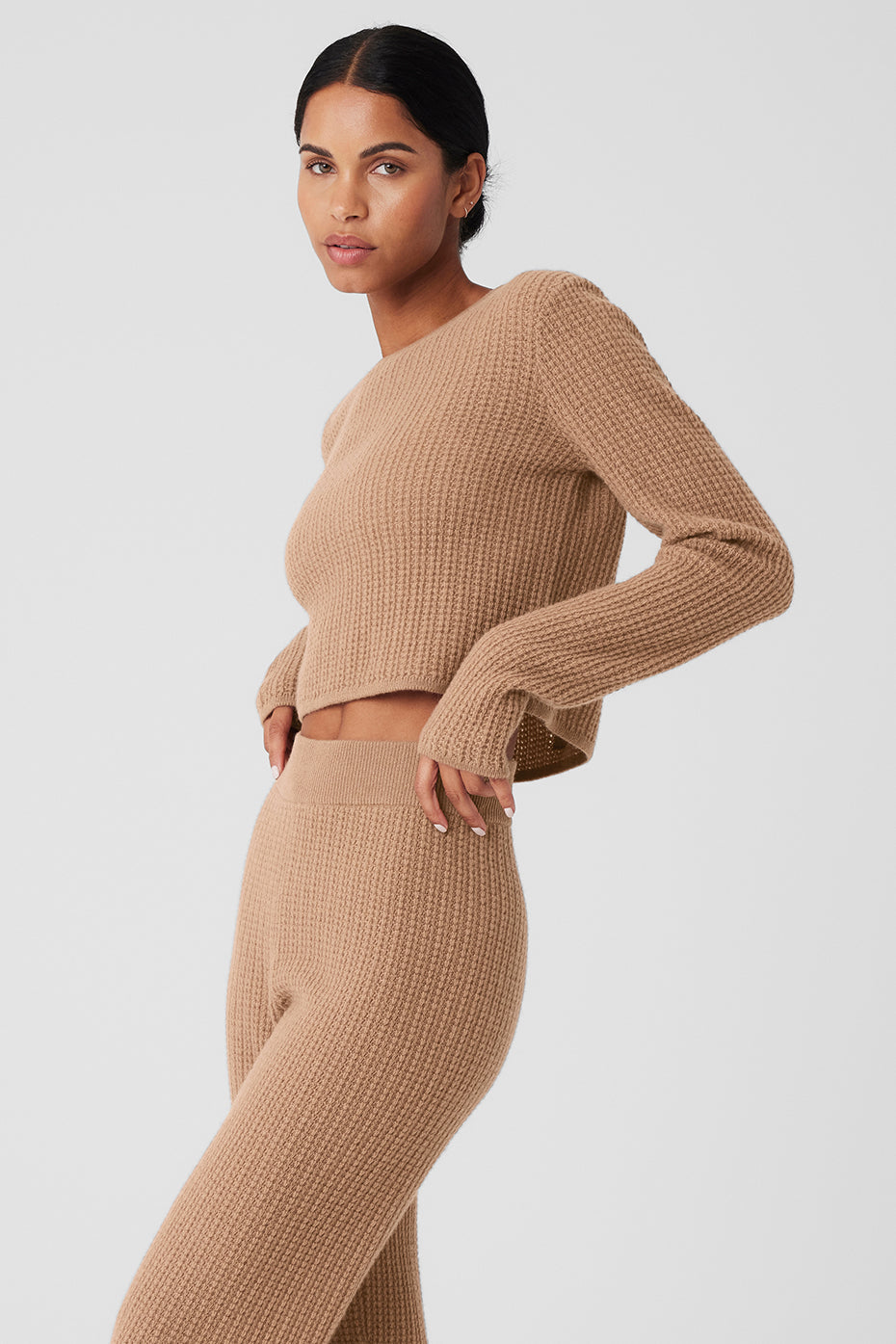 Cashmere Plush Waffle Cropped Long‑Sleeve — Toasted Almond