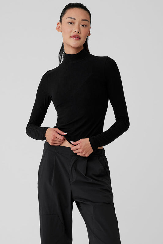 Ribbed Sea Coast Mockneck Long‑Sleeve — Black