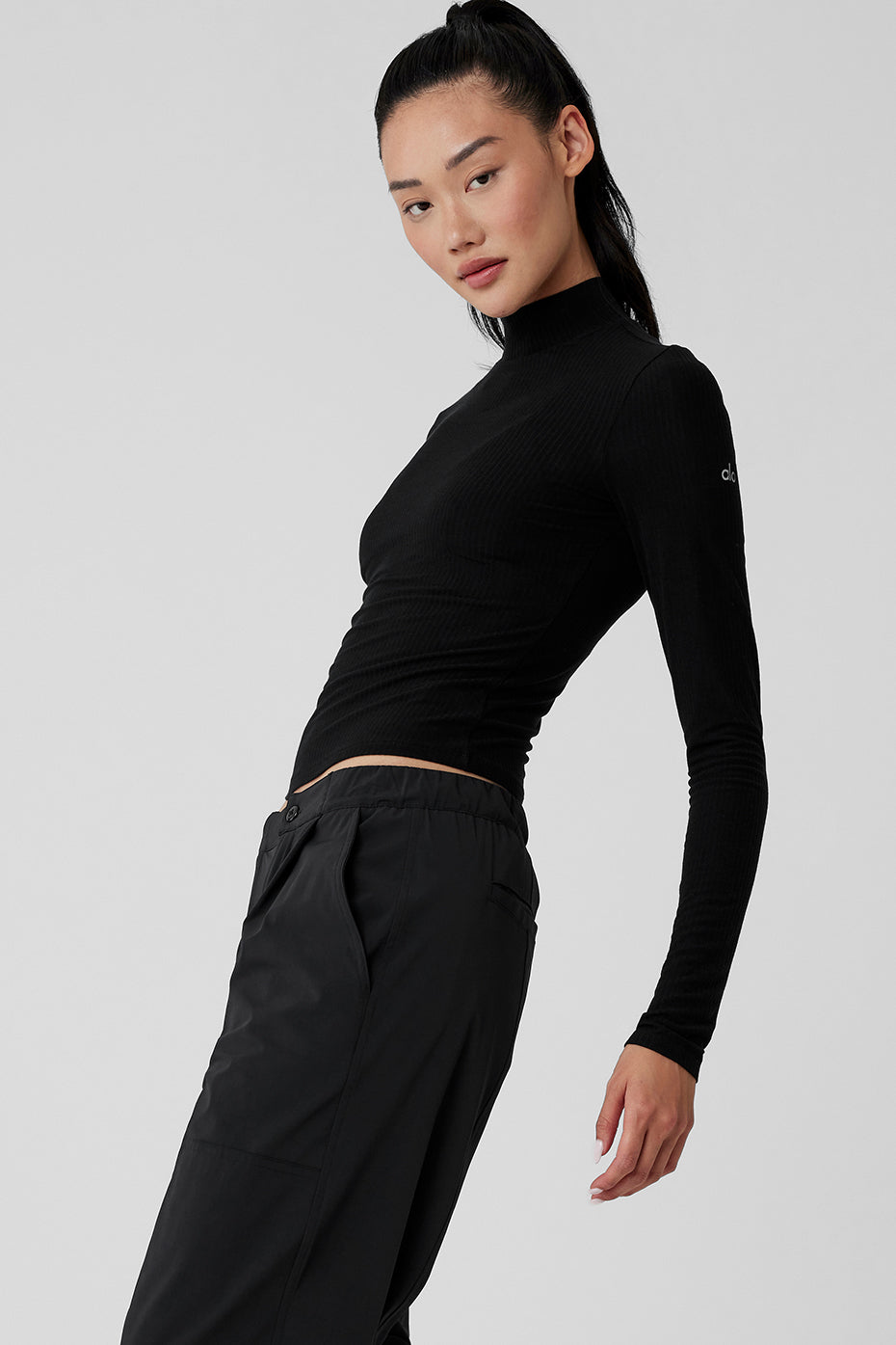 Ribbed Sea Coast Mockneck Long‑Sleeve — Black