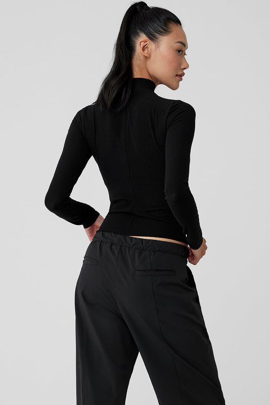Ribbed Sea Coast Mockneck Long‑Sleeve — Black