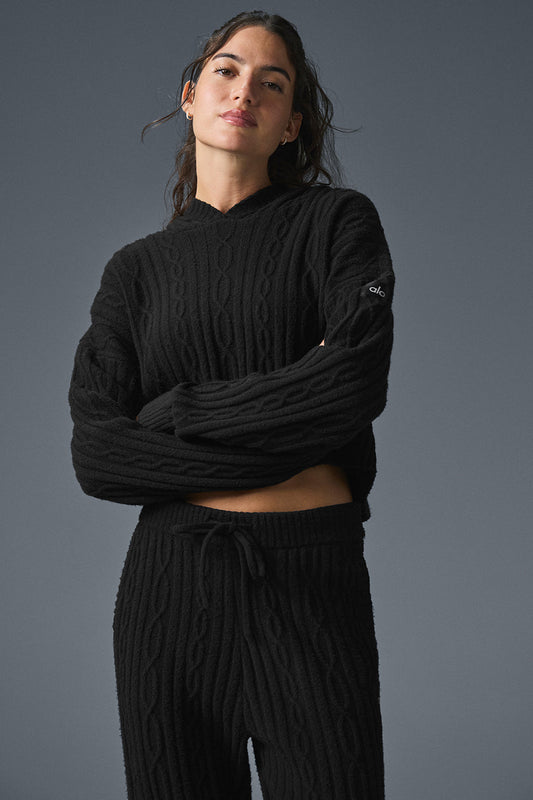 Cable Knit Winter Bliss Hooded Sweatshirt — Black