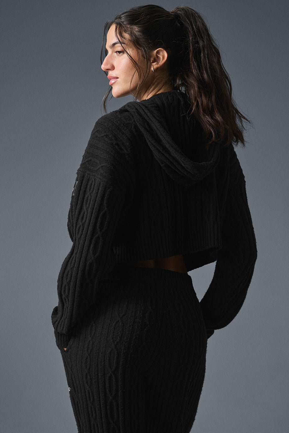 Cable Knit Winter Bliss Hooded Sweatshirt — Black