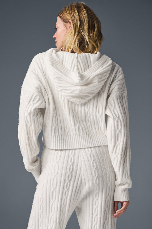 Cable Knit Winter Bliss Hooded Sweatshirt — Ivory