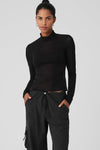 Mesh Sheer Illusion Mock Neck Long‑Sleeve — Black