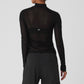Mesh Sheer Illusion Mock Neck Long‑Sleeve — Black