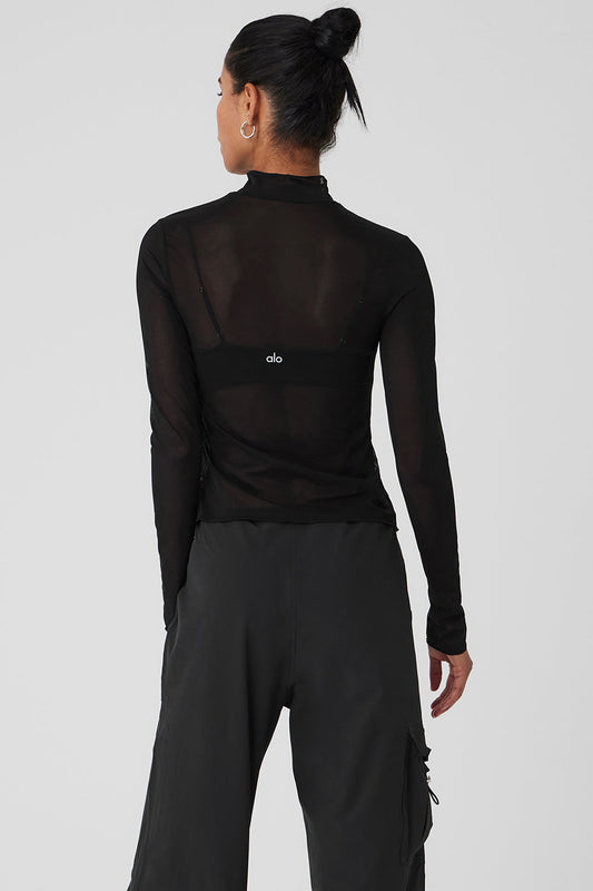 Mesh Sheer Illusion Mock Neck Long‑Sleeve — Black