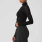 Mesh Sheer Illusion Mock Neck Long‑Sleeve — Black