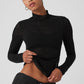 Mesh Sheer Illusion Mock Neck Long‑Sleeve — Black