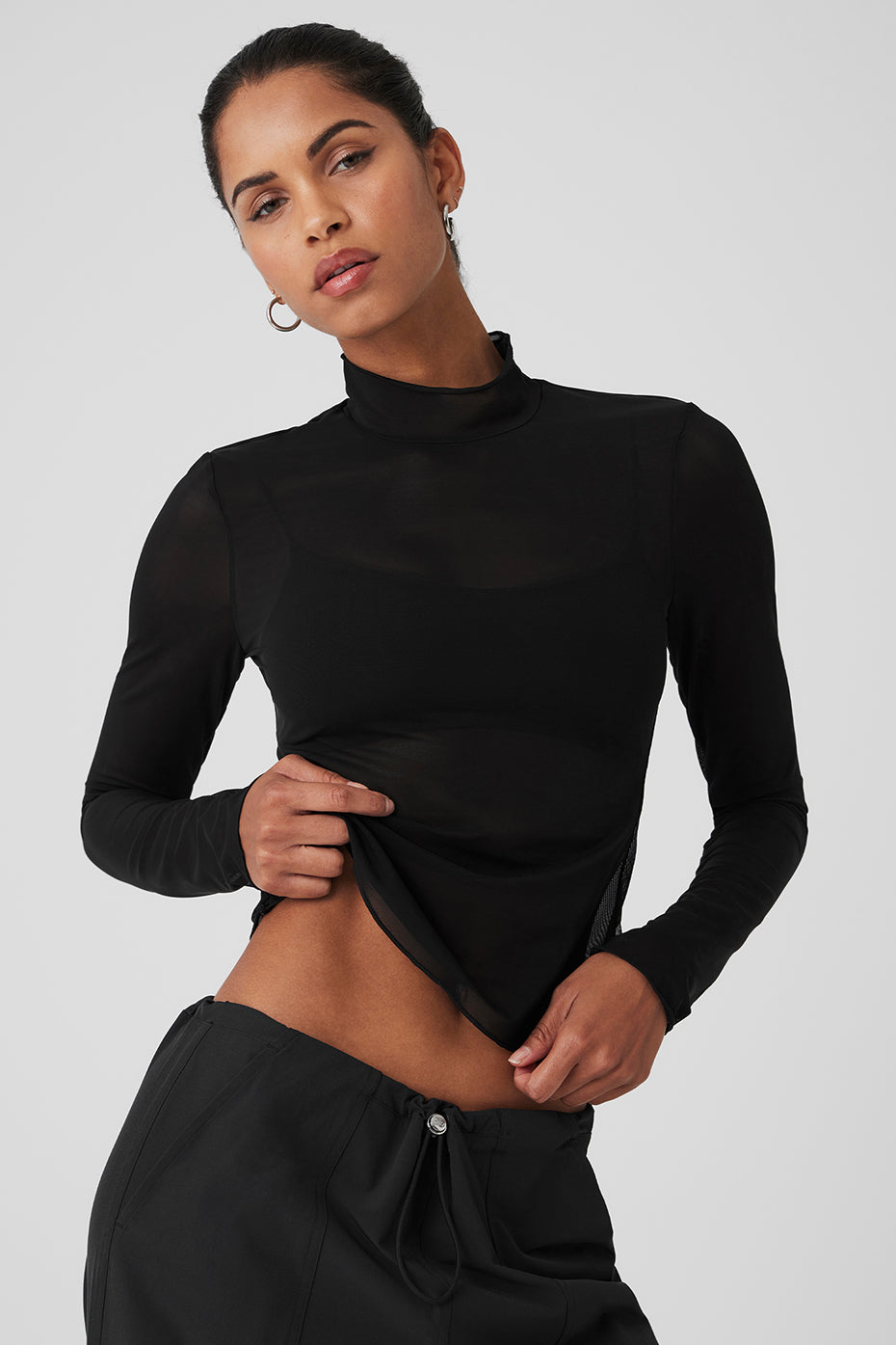 Mesh Sheer Illusion Mock Neck Long‑Sleeve — Black
