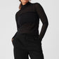 Mesh Sheer Illusion Mock Neck Long‑Sleeve — Black