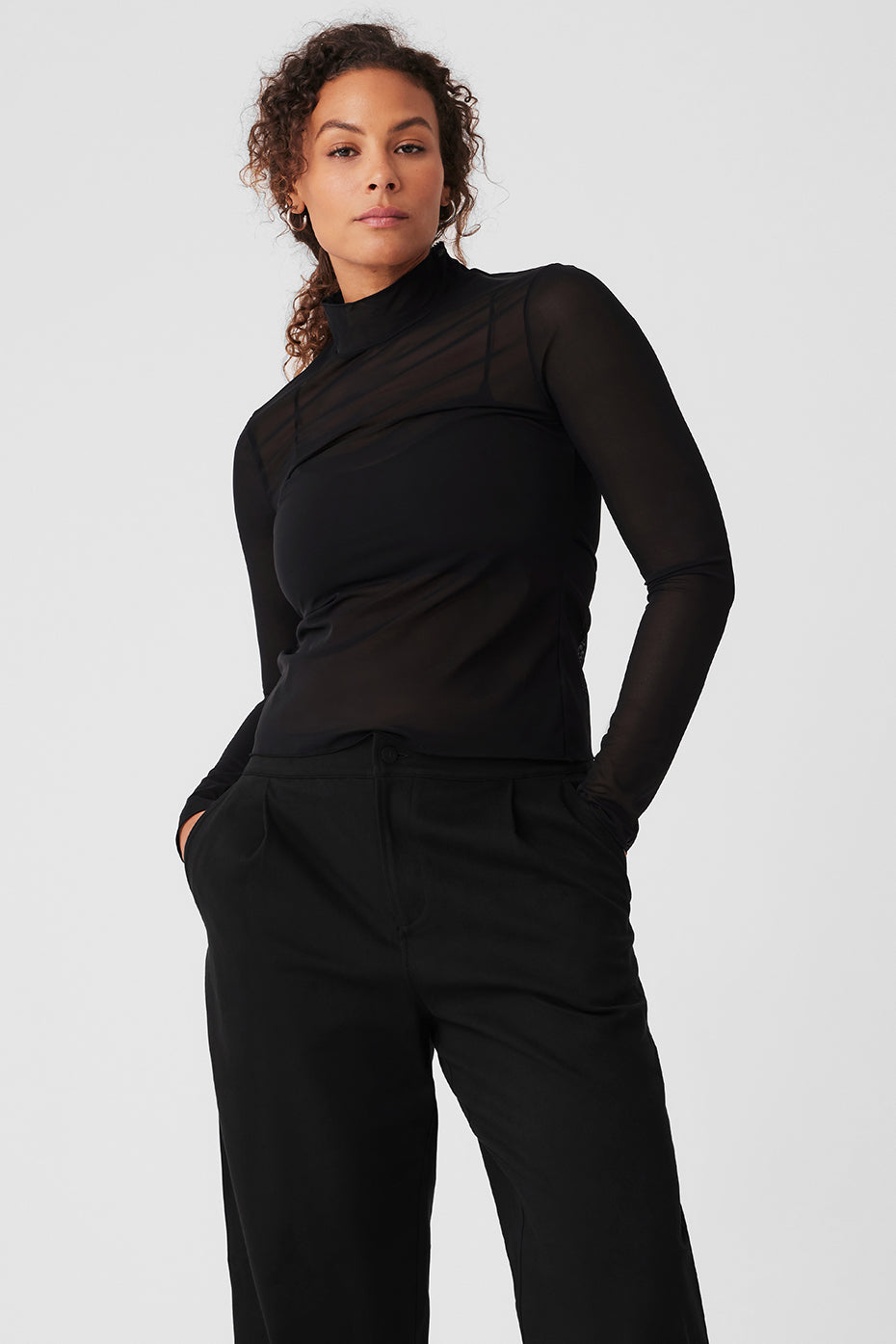 Mesh Sheer Illusion Mock Neck Long‑Sleeve — Black