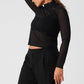 Mesh Sheer Illusion Mock Neck Long‑Sleeve — Black