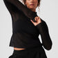 Mesh Sheer Illusion Mock Neck Long‑Sleeve — Black