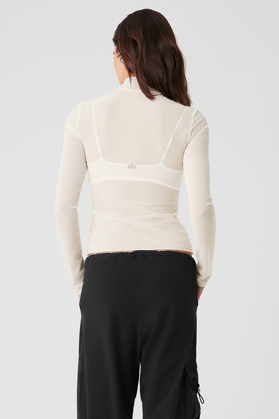 Mesh Sheer Illusion Mock Neck Long‑Sleeve — Ivory