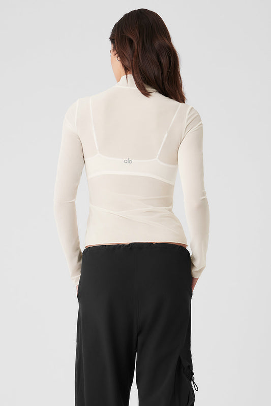 Mesh Sheer Illusion Mock Neck Long‑Sleeve — Ivory