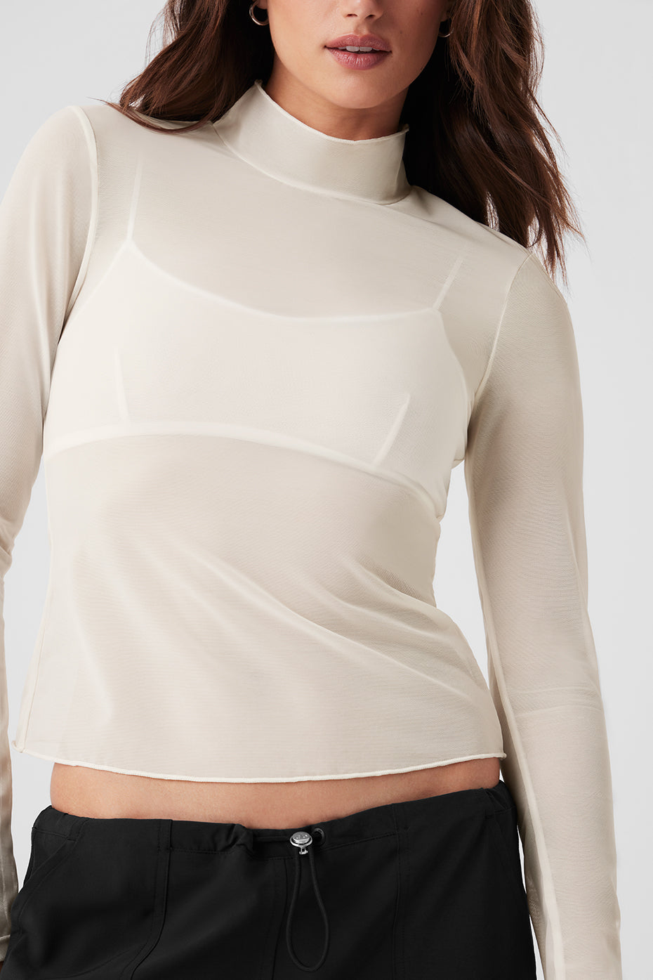 Mesh Sheer Illusion Mock Neck Long‑Sleeve — Ivory