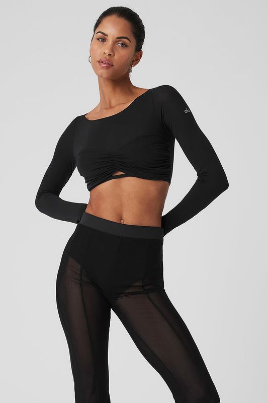 Mesh Sheer Illusion Cropped Long‑Sleeve — Black