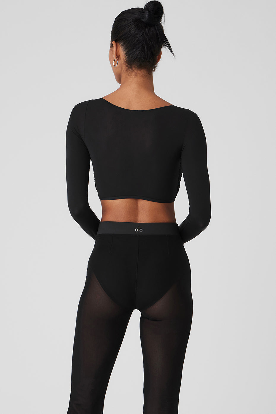 Mesh Sheer Illusion Cropped Long‑Sleeve — Black