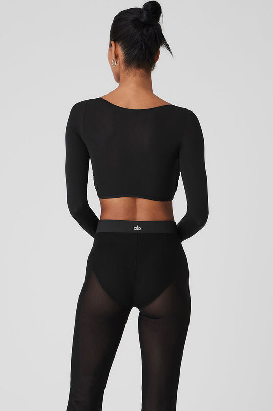 Mesh Sheer Illusion Cropped Long‑Sleeve — Black