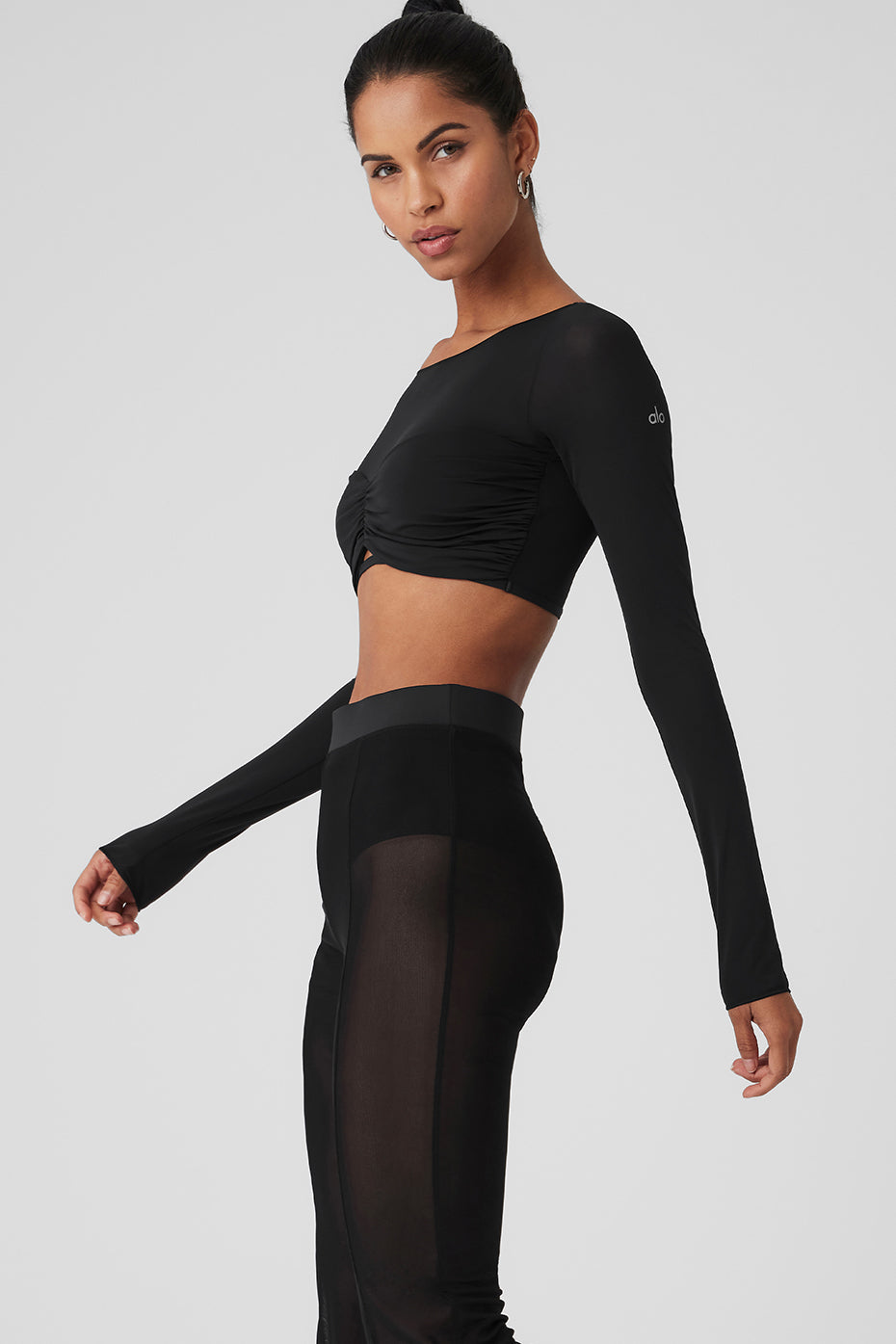 Mesh Sheer Illusion Cropped Long‑Sleeve — Black