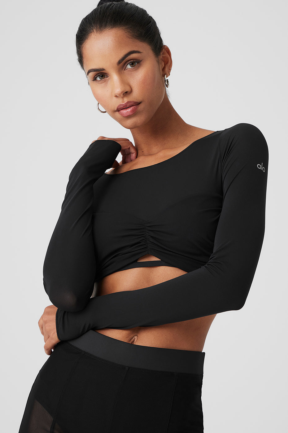 Mesh Sheer Illusion Cropped Long‑Sleeve — Black