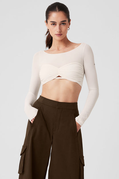 Mesh Sheer Illusion Cropped Long‑Sleeve — Ivory
