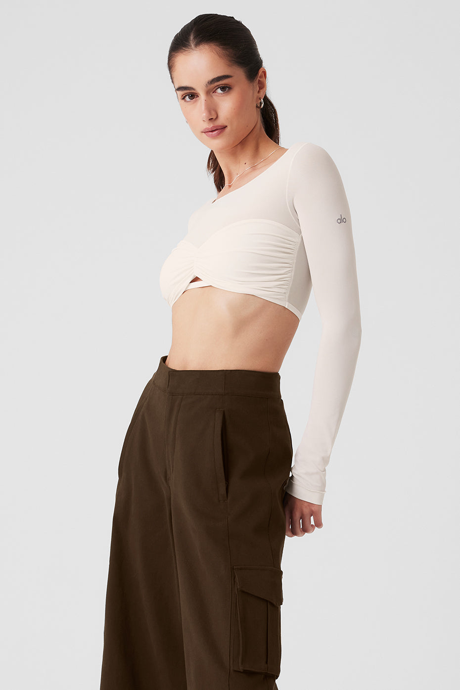Mesh Sheer Illusion Cropped Long‑Sleeve — Ivory