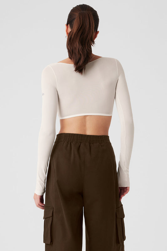 Mesh Sheer Illusion Cropped Long‑Sleeve — Ivory