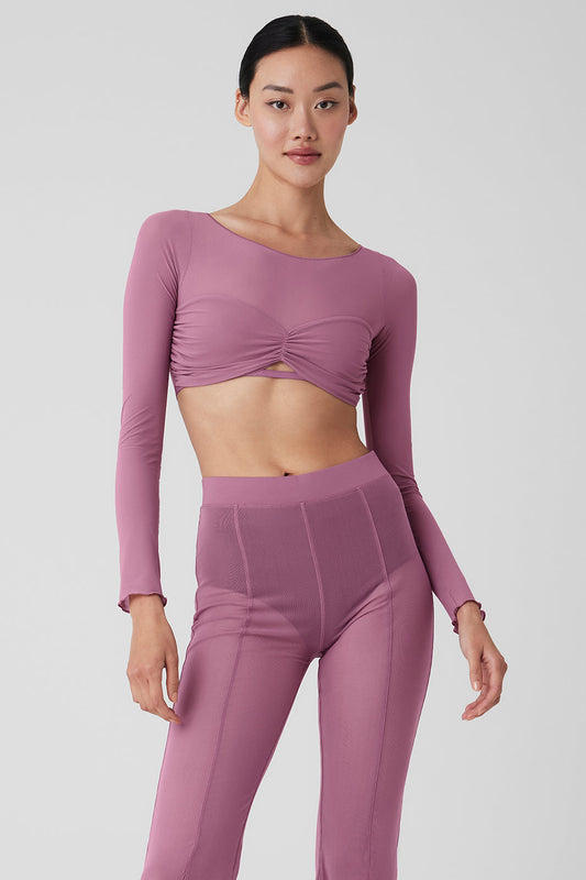 Mesh Sheer Illusion Cropped Long‑Sleeve — Soft Mulberry