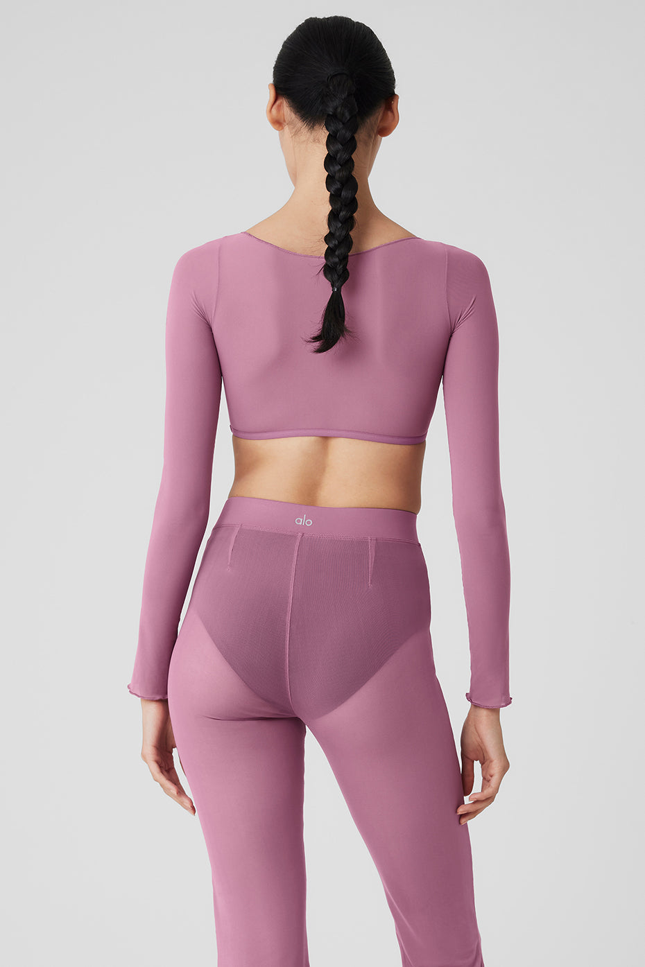 Mesh Sheer Illusion Cropped Long‑Sleeve — Soft Mulberry