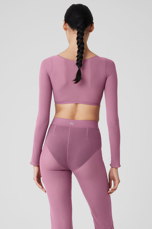 Mesh Sheer Illusion Cropped Long‑Sleeve — Soft Mulberry