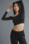 Asymmetric Sheer Glow Long‑Sleeve — Black