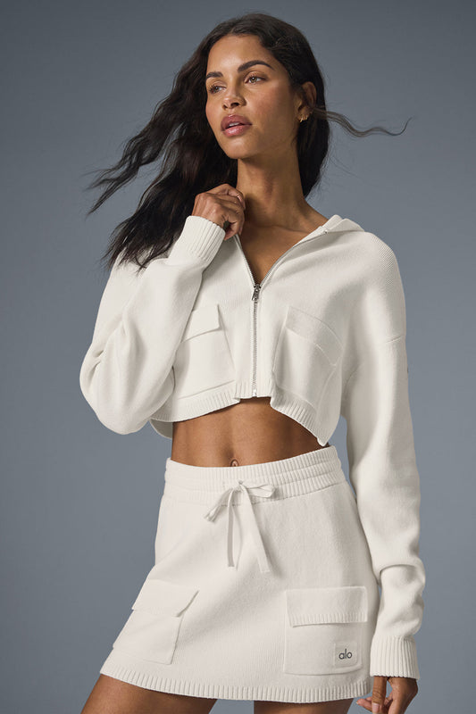 Scholar Knit Cargo Full Zip Hooded Sweatshirt — Ivory
