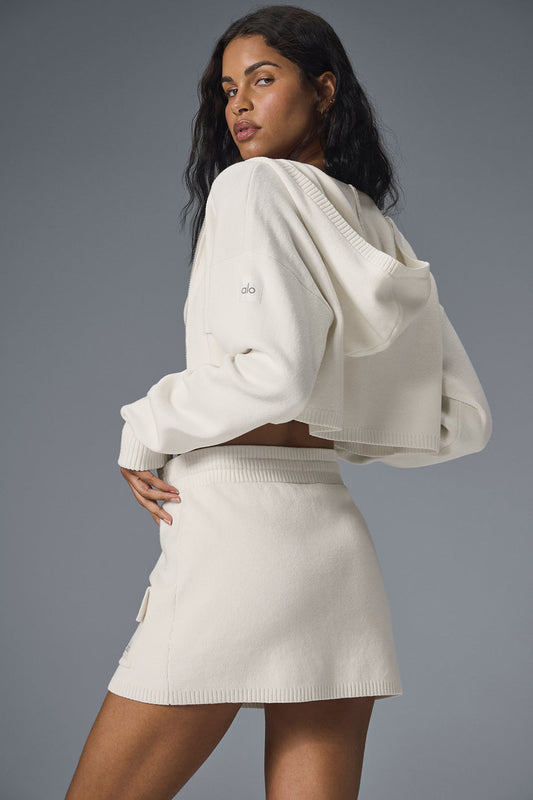 Scholar Knit Cargo Full Zip Hooded Sweatshirt — Ivory