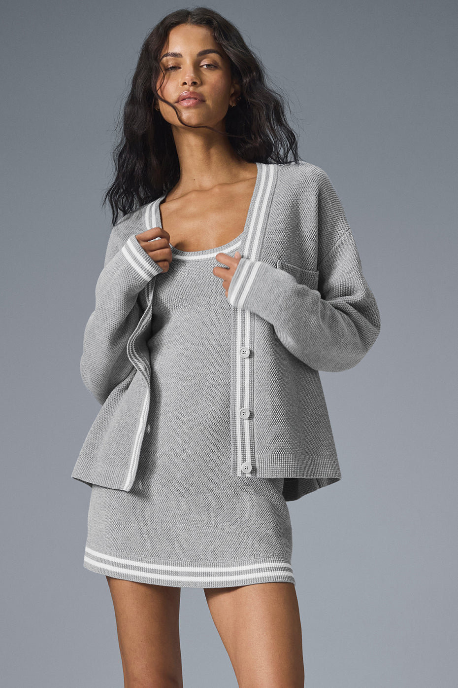 Tennis Club Sweater Knit Cardigan — Athletic Heather Grey/White